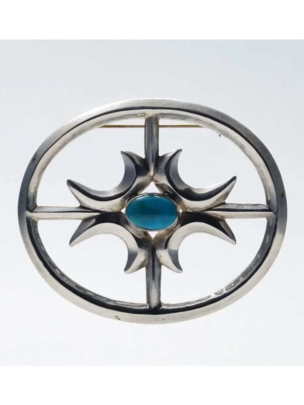 Vintage Navajo Sandcast Sterling Silver Turquoise Brooch, Old Pawn Southwest Pin